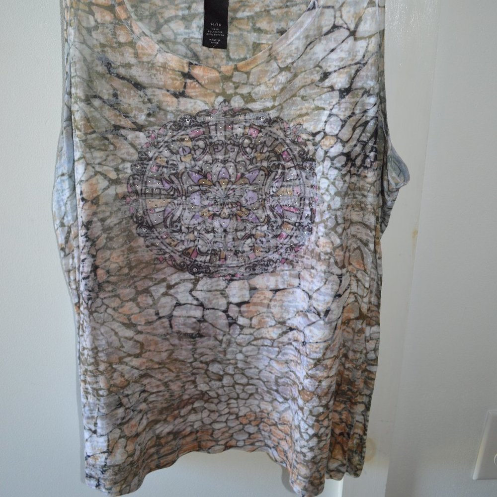 Lane Bryant Burnout Semi Sheer Animal Print Medallion Tank Top Bling 14/16